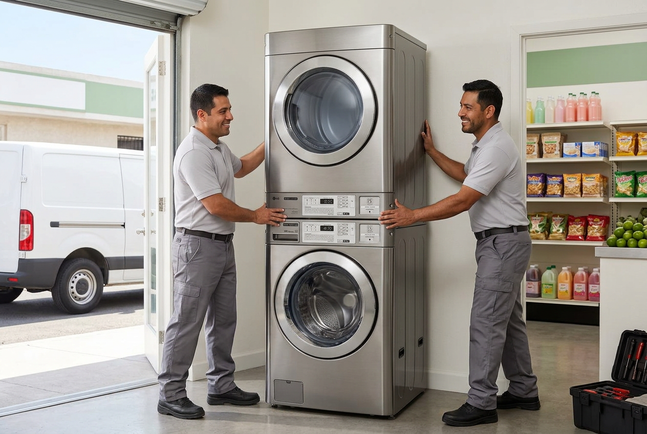 Escena ilustrativa de técnicos instalando equipos LG en una tienda de abarrotes