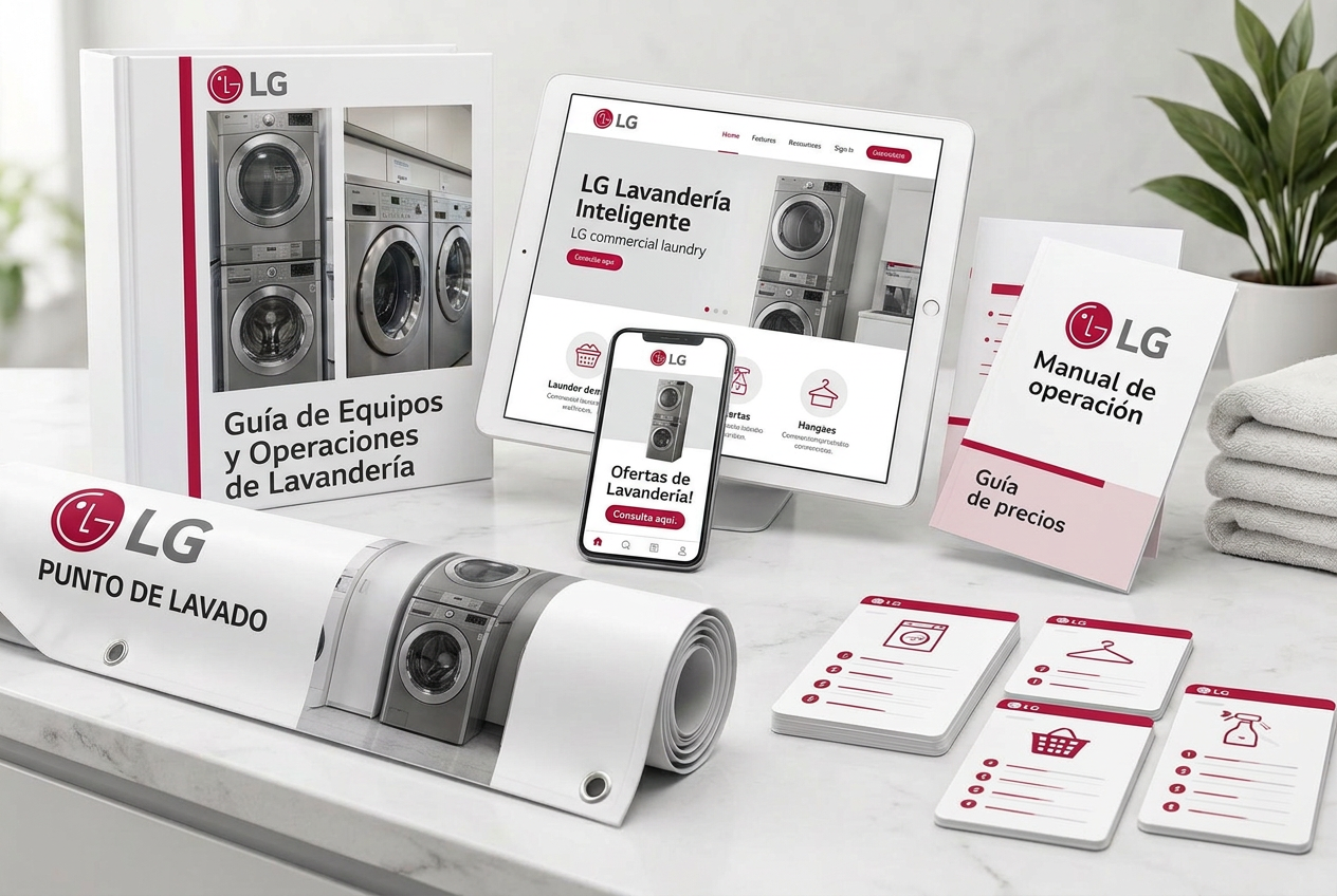 Mockup del kit de arranque: manual operativo, guía de precios, kit digital y lona en tonos claros